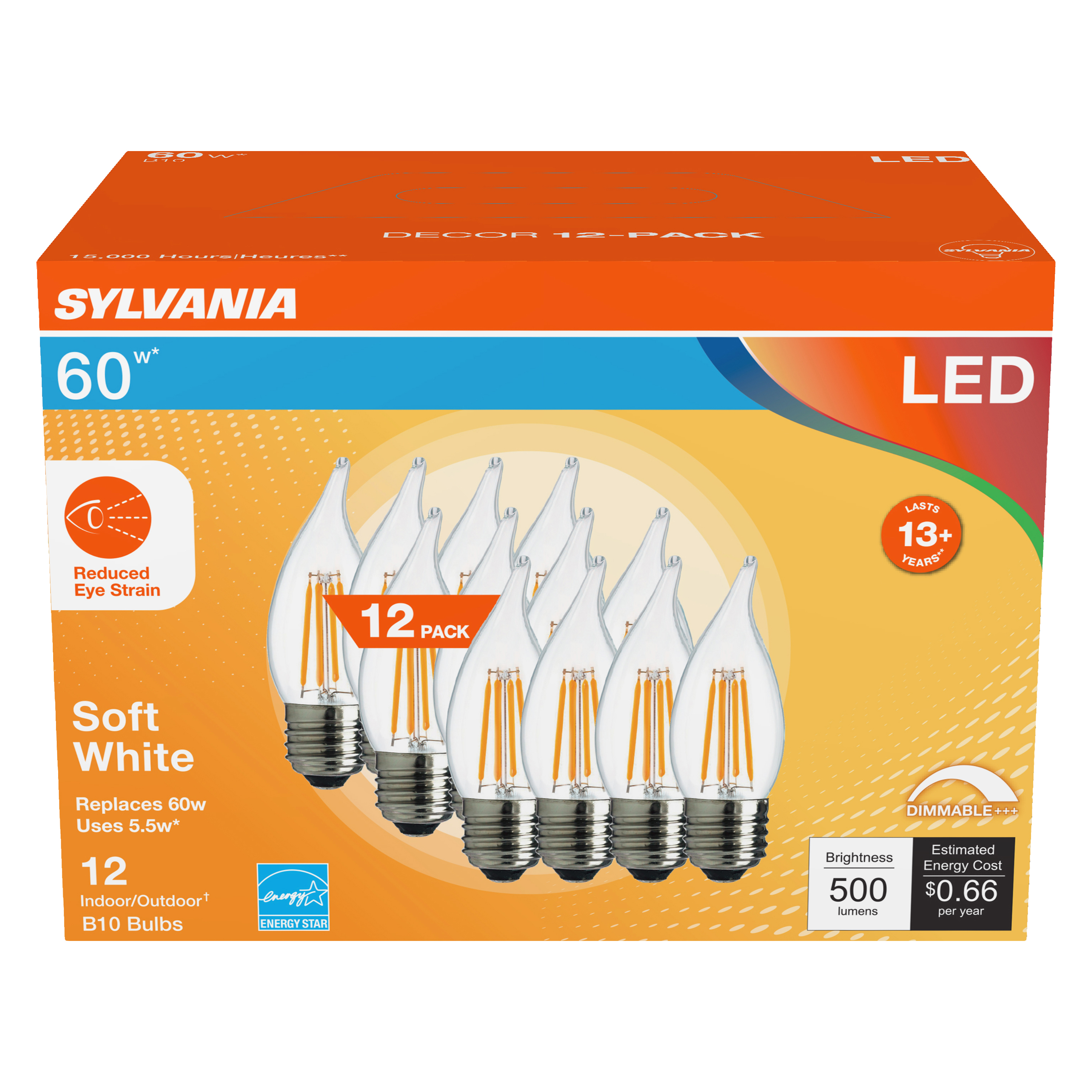 Sylvania LED Reduced Eye Strain B10 Light Bulb, 60 watts, Dim, Soft White, 12 Pack