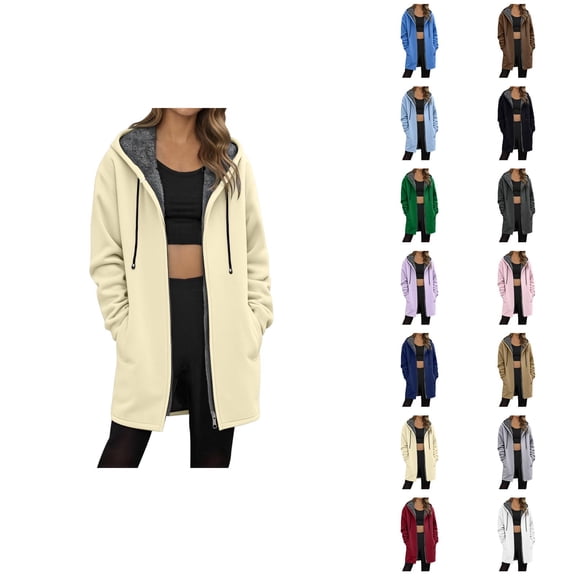 Long Winter Coats for Women 2025 Long Sleeve Fleece Lined Plain Zip Up Hooded Jacket with Pockets Outerwear