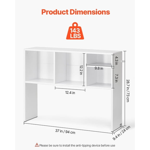 Desktop Bookshelf, 1-Tier Desktop Storage Organizer, 37" x 9.4" x 28.7" Office Storage Rack Wood Display Shelf with Anti-Slip Feet Pads, for Office, Home & Dorm, White