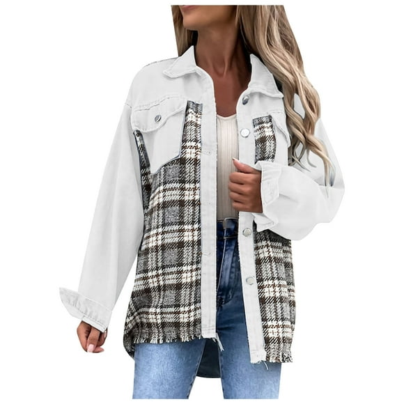 jsaierl Women Jean Jacket Long Sleeve Button Down Plaid Oversized Denim Shacket Jackets