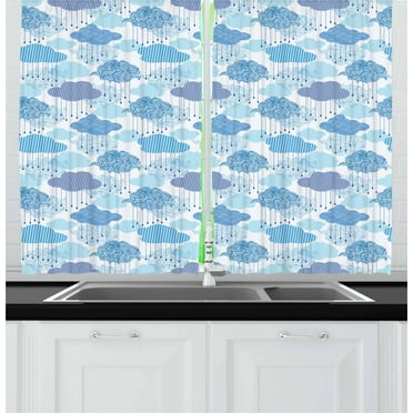 Cloud Curtains 2 Panels Set, Stylized Nimbus Clouds Tangled Checkered Polka Dot Pattern, Window Drapes for Living Room Bedroom, 55W X 39L Inches, Turquoise Azure Blue and Baby Blue, by Ambesonne
