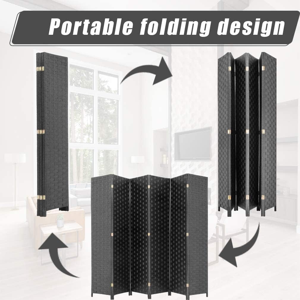 Dkelincs Wood Room Dividers 6 Panels Portable Folding Partition Screen Wood Mesh Woven Design Wall Divider(Black)
