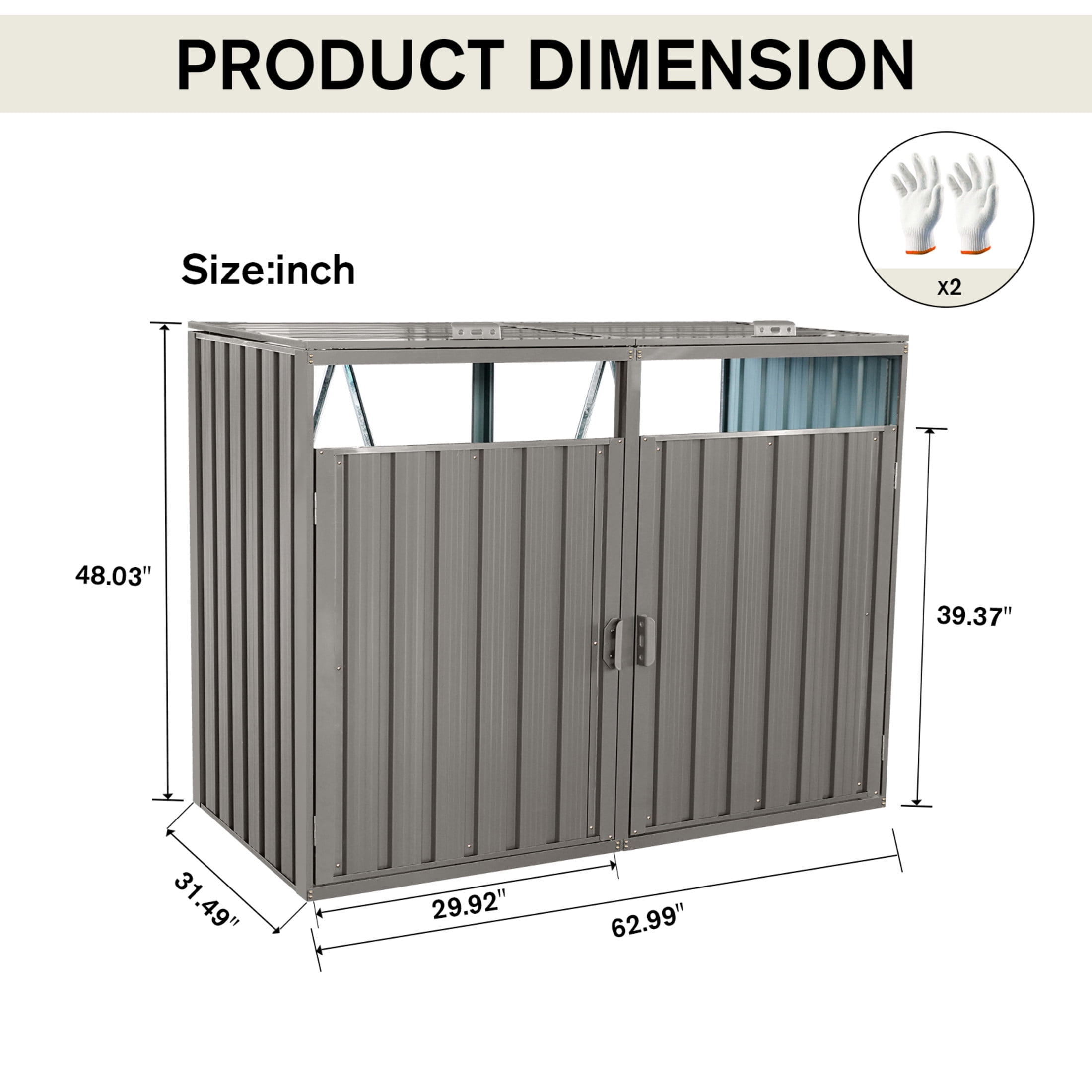 Noble House Outdoor Garbage Bin Shed for 2 Trash Cans, Stainless Galvanized Steel Wheelie Bin Storage, Grey
