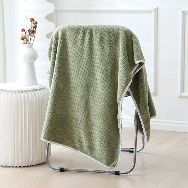 1pc Toalla de baño de terciopelo, Absorbente, Secado de Cabello, Toalla de Playa, Patrón a Rayas, Extra gruesa y grande, Secado rápido, 70*135cm, Verde Matcha