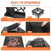32 Fire Pits for Outside, Updated Segmart Outdoor Firepit with Fireplace Screen, Lid Square Wood Burning Fireplace Heater/Ice Pit for Camping, Outdoor Heating, Bonfire and Picnic, Black
