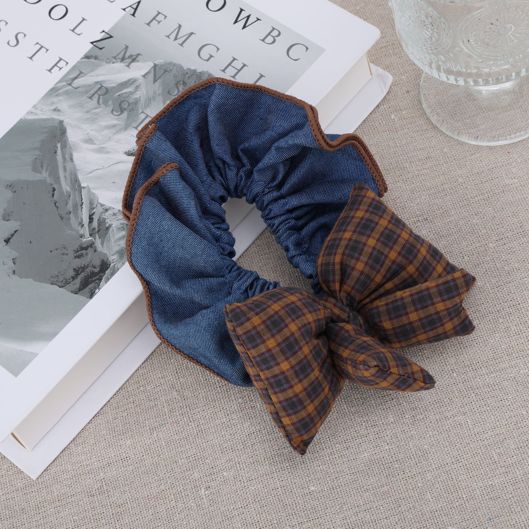 Unique Bargains Fashionable Denim Hair Ties All Occasions 1 Pc Blue, Brown Plaid Bow
