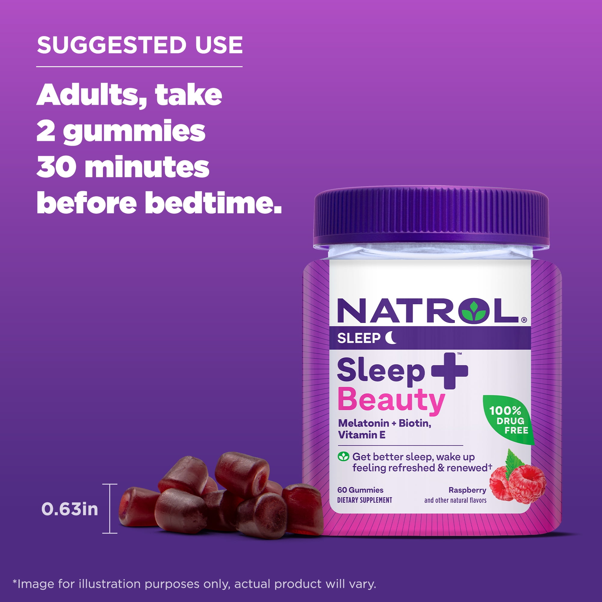 Natrol®  Sleep+™ Beauty, Drug Free Sleep Aid Supplement, For Skin, Hair, Nails, Biotin, Vitamin E, 60 Raspberry Flavored Gummies