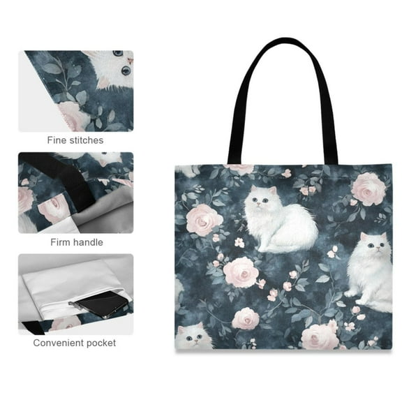Canvas Tote Bag for Women Girls Design Print Enchanted White Cats and Roses Tote