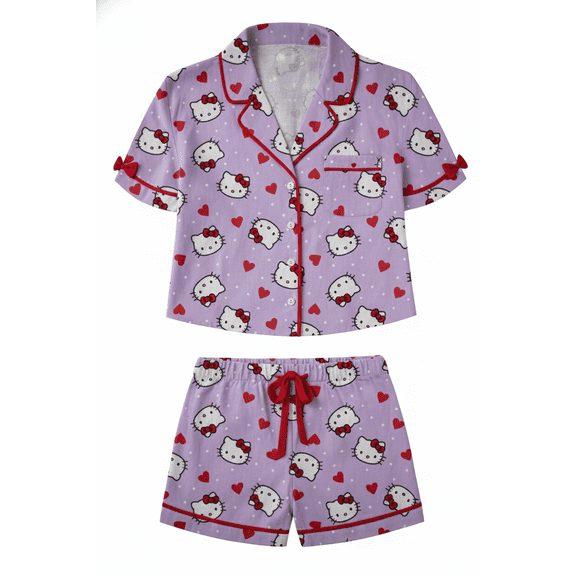 Hello Kitty Head AOP White Polka Dots and Red Hearts Red Bows Shorts Set-Small