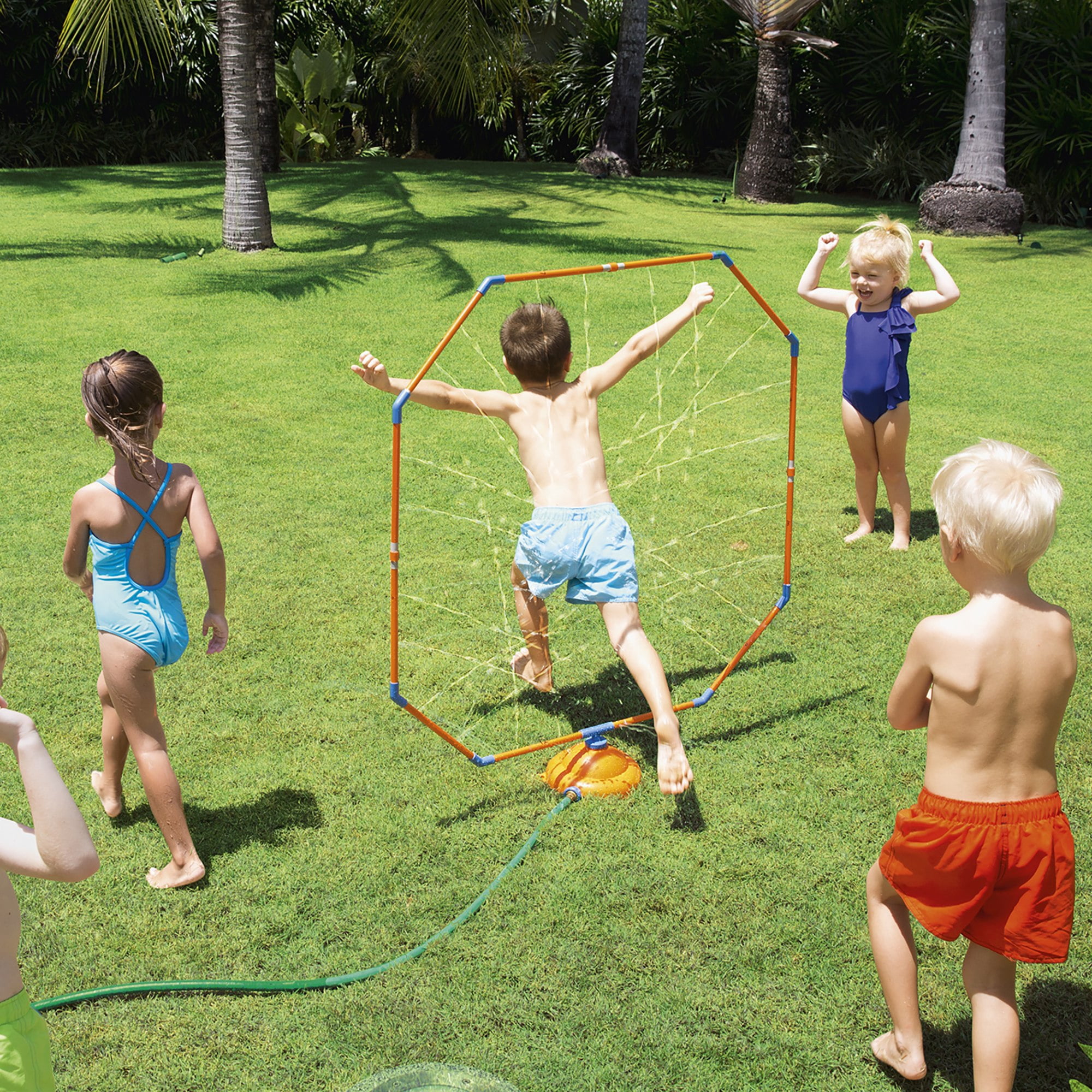 Bestway: H2OGO! Hydro Hoop Water Sprayer Sprinkler - Blue & Orange, Octagon Shaped, Rotating Water Splasher Blaster, Outdoor & Backyard Play, Kids 3+