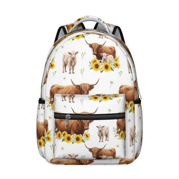 Highland Cow and Sunflower Print Backpack for School, Cute School Bag with Adjustable Shoulder Straps and Padded Back, 15.3"x11"x7.1"