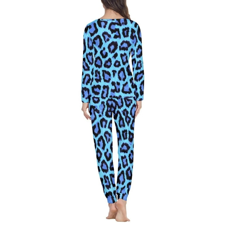 Renyoinou Pajamas for Women Blue Leopard Printed Sweatpants Cozy Up Breathable Pajamas Top and Pants Home Life Sleep Nightwear Size S
