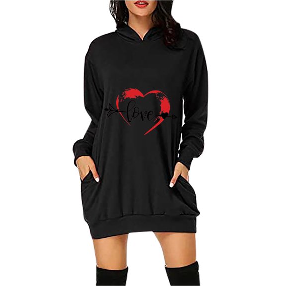 dmqupv Black Long Dress for Women Ladies Love Printed Hooded Buttocks Pocket Fashion And Fit An Flare Dress Black Large