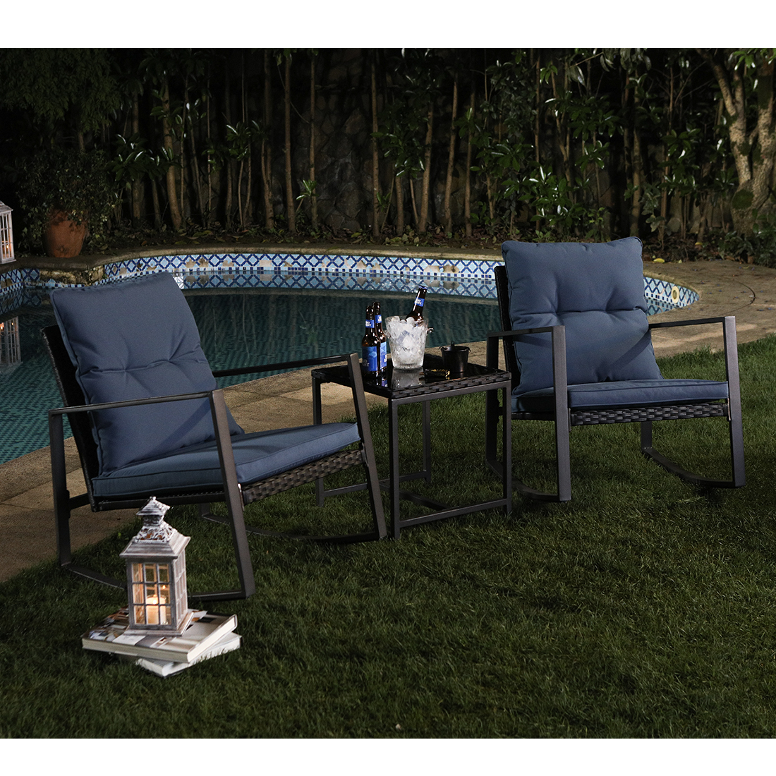 COSIEST Outdoor Bistro Rocking Chair Set with Blue Cushions, Steel Frame and Wicker Seat Base, Tempered Glass Top Coffee Table - image 4 of 13