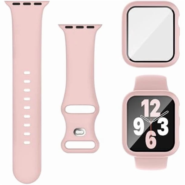 Chenchen 3-in-1 Compatible for Apple Watch Straps 45mm with Case & Screen Protector, Silicone Sport Strap and Protective Cover with 9H Tempered Glass for iWatch Series 9/8/7, Pink