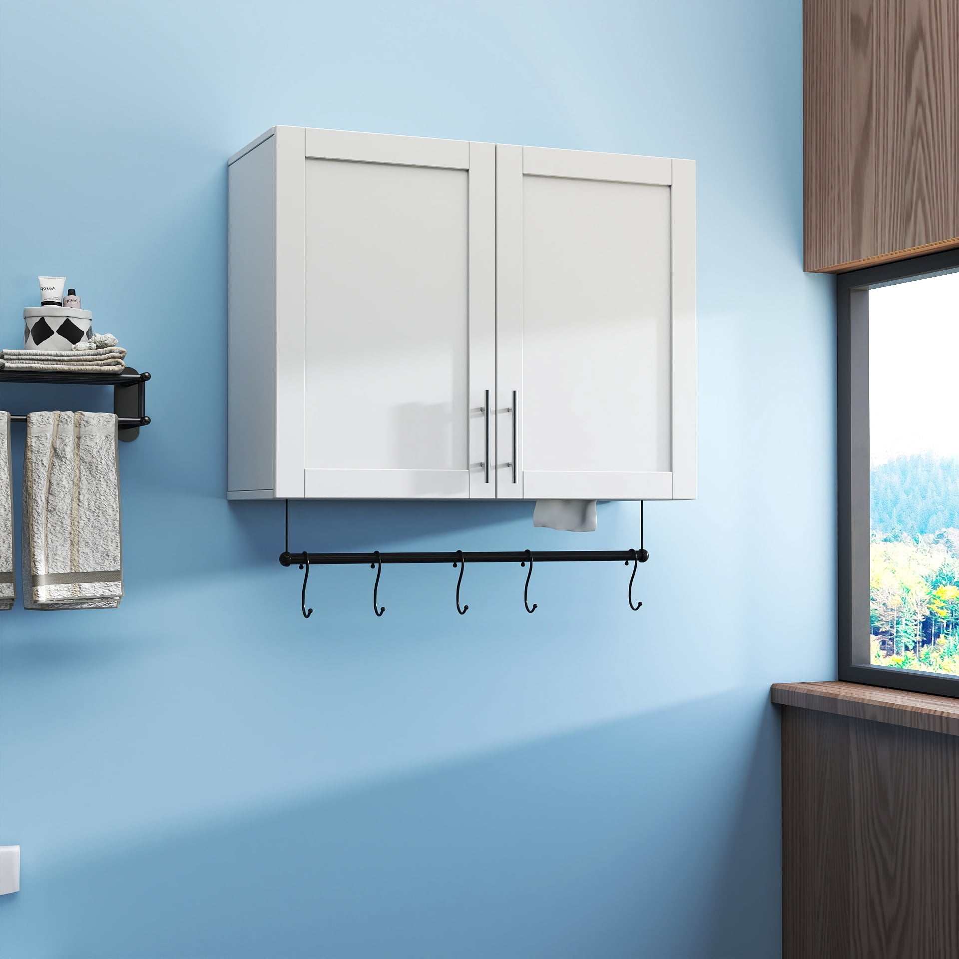 Bathroom Wall Cabinet Over Toilet Storage with Adjustable Shelf Towel Bar 5 Hooks, White