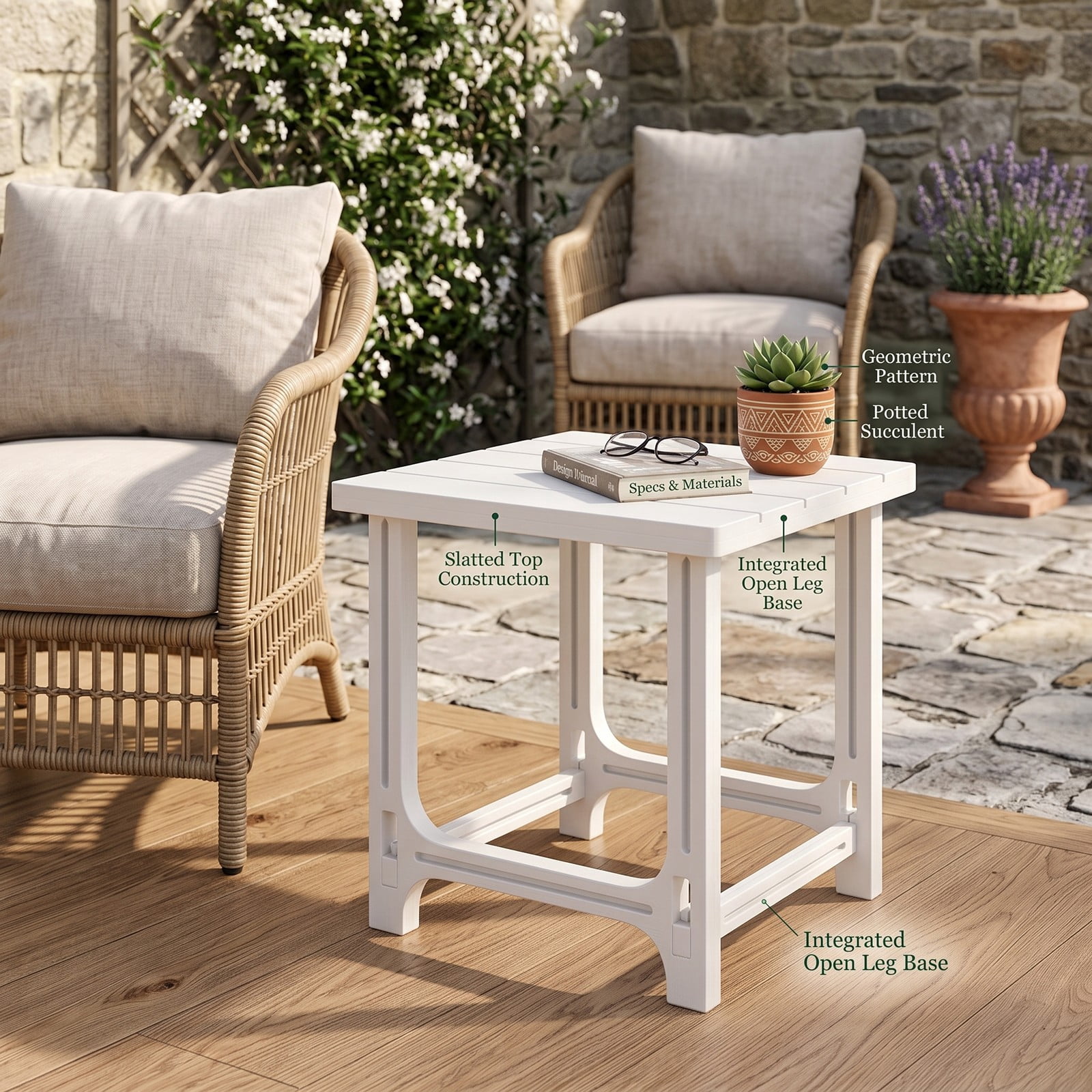 Furnibear Set of 2 18 Inch Square Outdoor HDPE Adirondack Side Tables with Slatted Top and X Panels for the Patio, White
