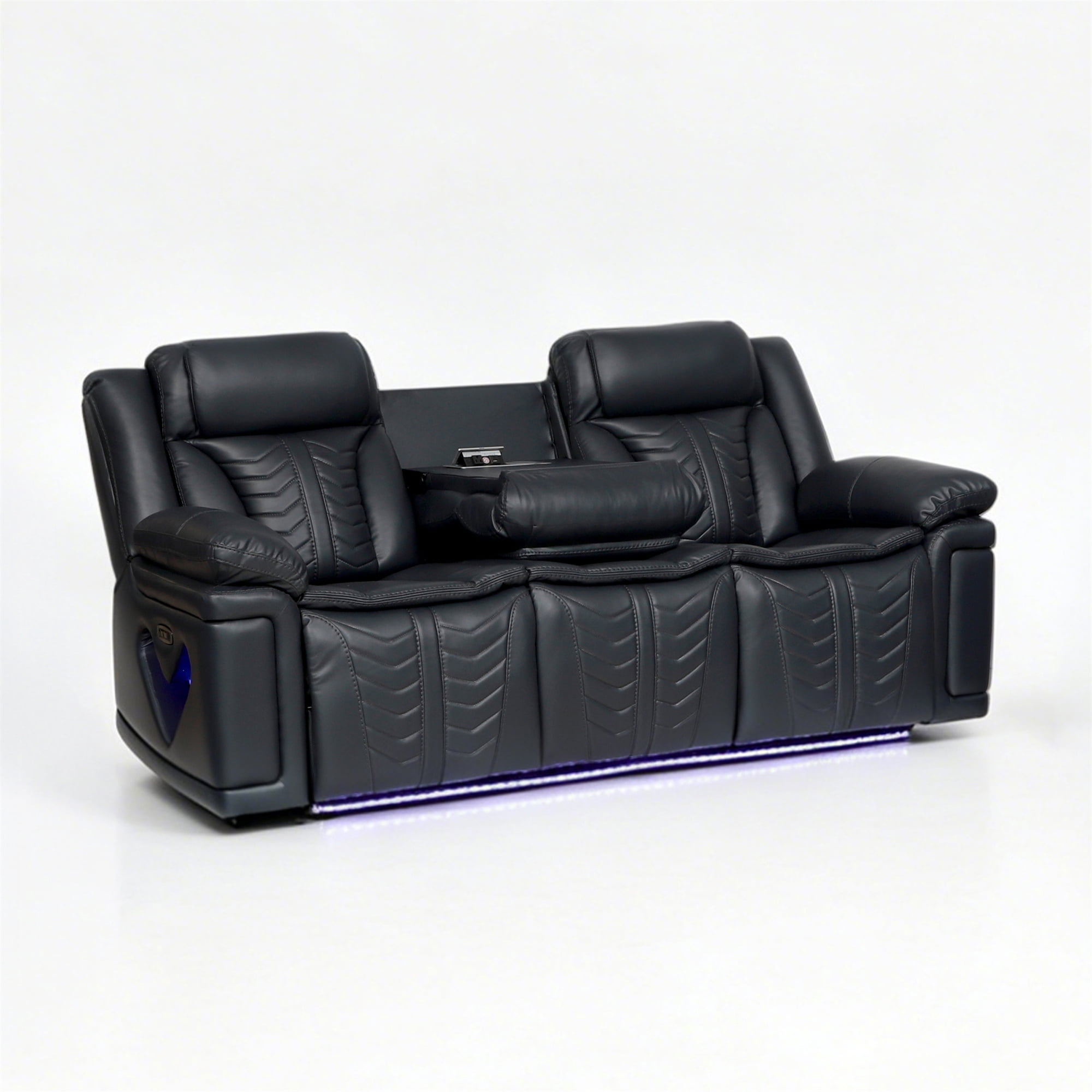 Electra Luxury Power Reclining Sofa - Dark Grey Faux Leather Motion Couch with Drop-Down Table, Wireless Charging, AC/USB/Type-C Power, and Cinematic LED Lighting
