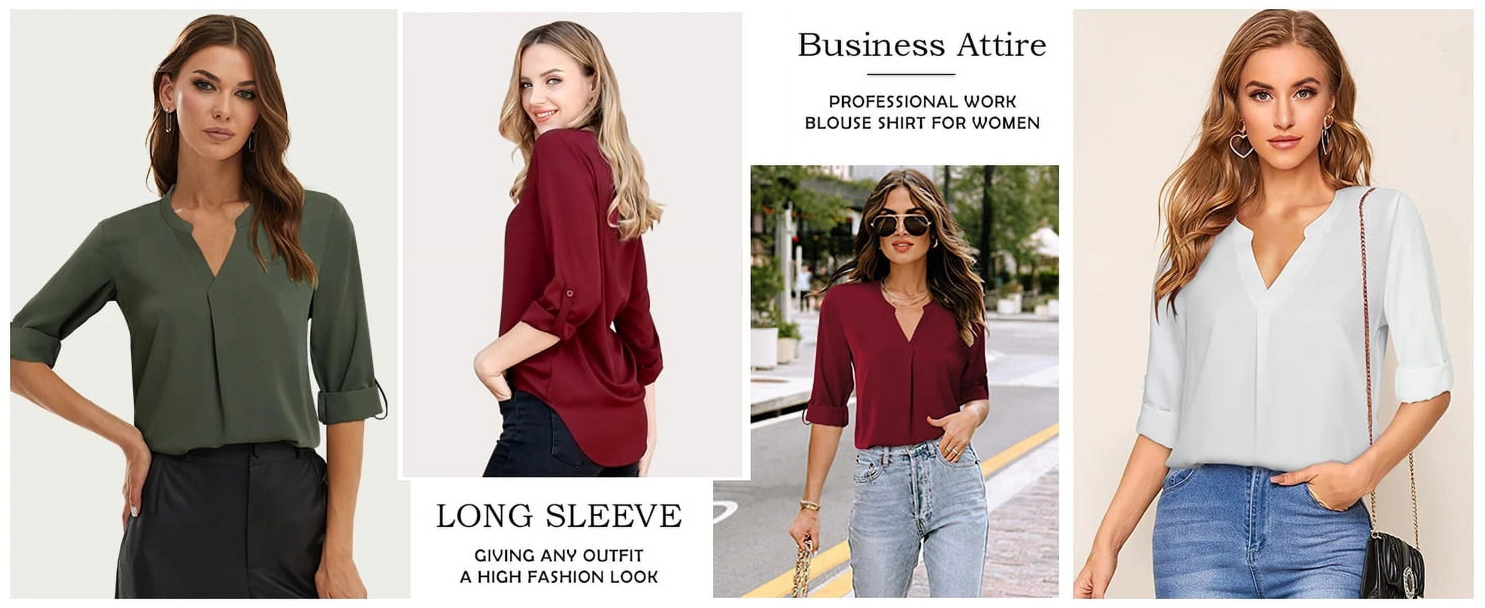 Womens Blouses 3/4 Sleeve V Neck Work Shirts Dressy Tops Chiffon Office Wear