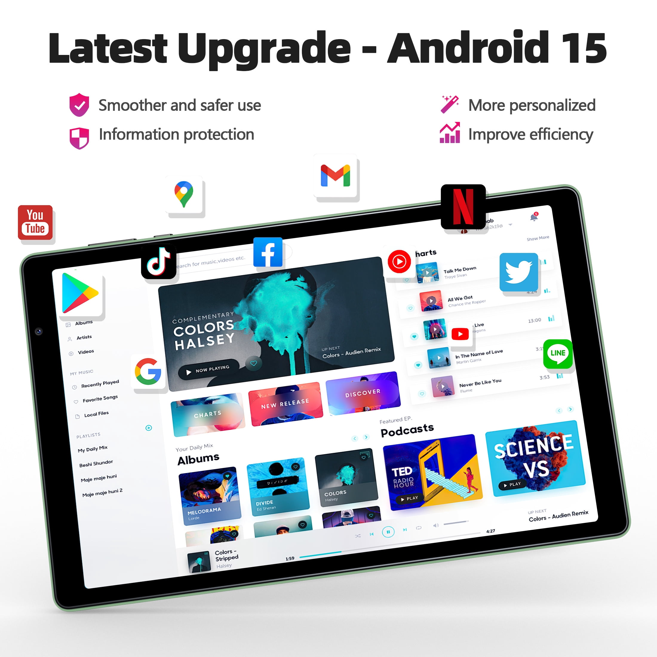 Android 16 Tablet 10.1 inch Tablet,8GB RAM 32GB ROM,WiFi 6,6000mAh Battery,1280 * 800 IPS Touch Screen,Metal Body,GMS Certified,Green