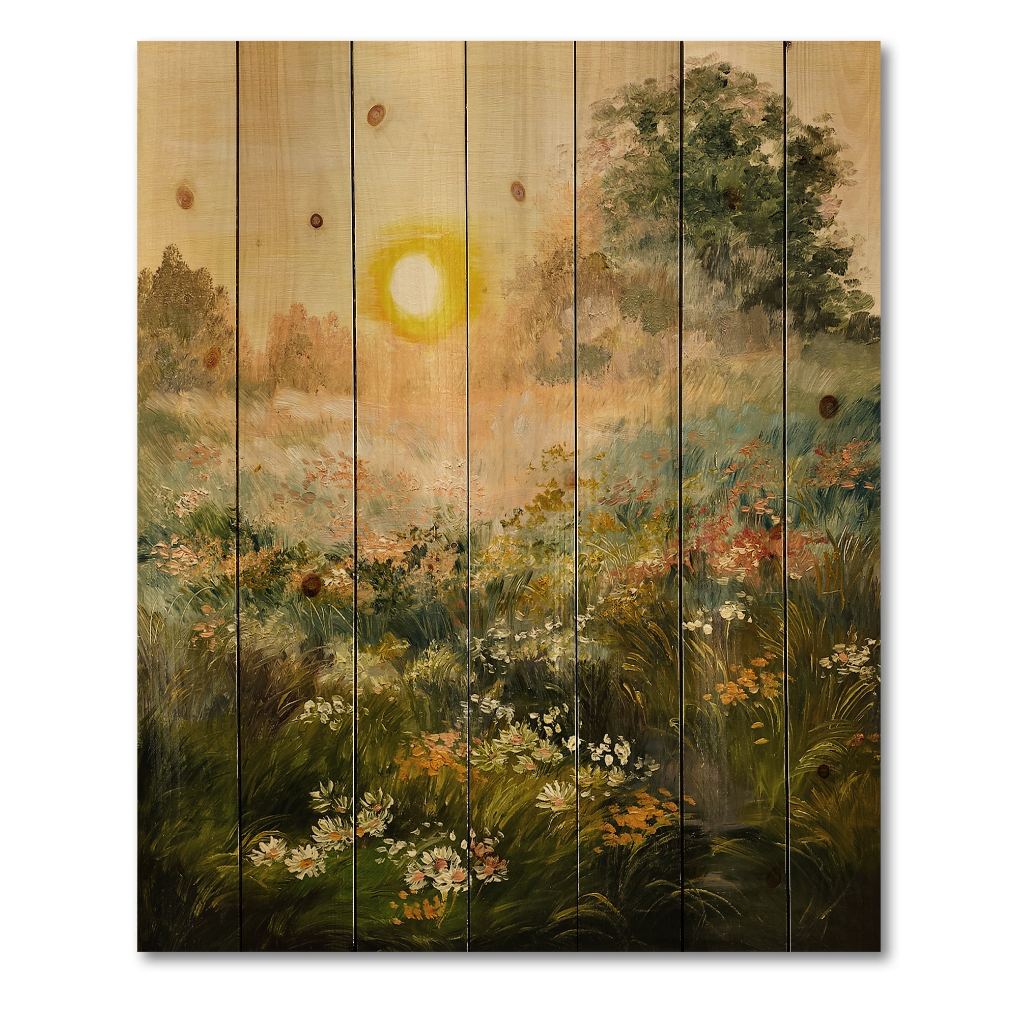 Designart 'The Blossoming Field With Sunrise' Farmhouse Print on Natural Pine Wood