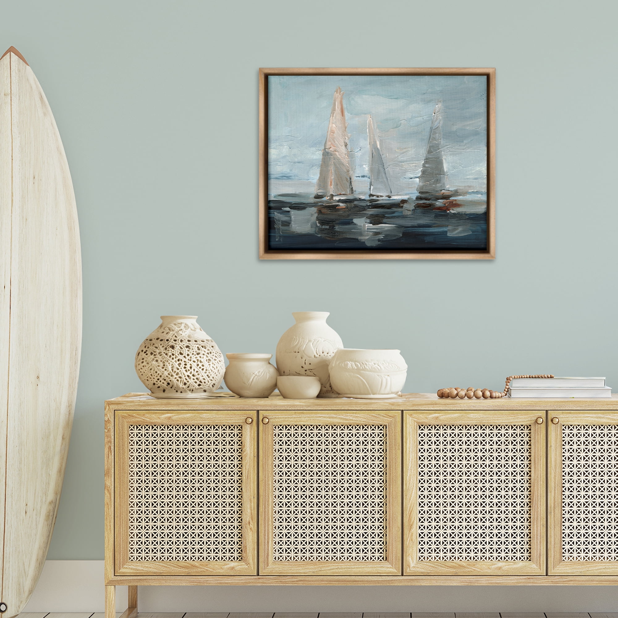 Stupell Industries Painterly Sailboat Trio Transportation Painting Brown Floater Framed Canvas Art Print Wall Art, 31 x 25