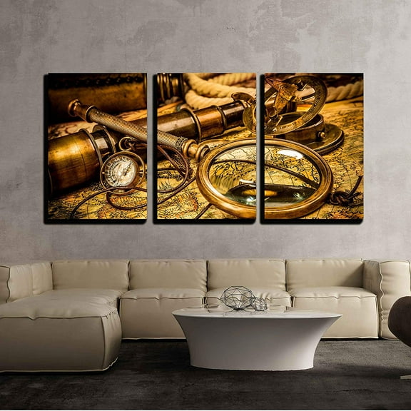 wall26 - 3 Piece Canvas Wall Art - Vintage Magnifying Glass, Compass, Telescope and a Pocket Watch Lying on an Old Map. - Modern Home Art Stretched and Framed Ready to Hang - 16"x24"x3 Pane