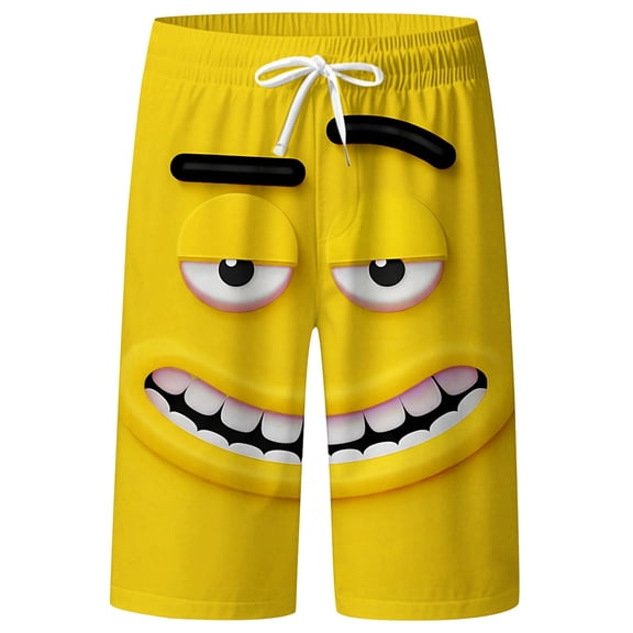 Fiaer Men's Beach Shorts Funny 3D Expression Graphic Summer Swim Trunks Novelty Beachwear Sports Vacation Shorts with Pockets Yellow XL