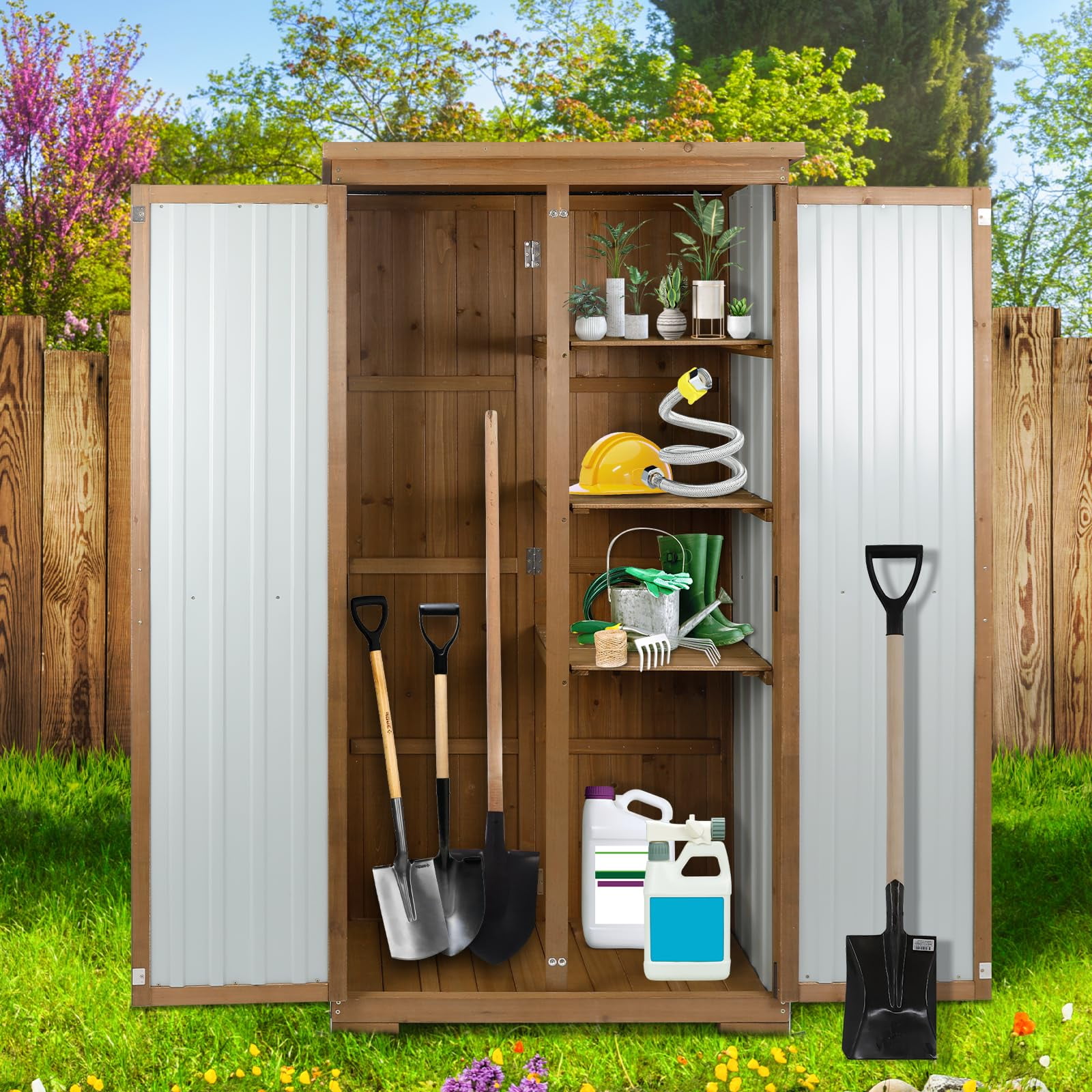 Gowoodhut Outdoor Storage Cabinet Wood & Metal, Tall Tool Shed with Weatherproof, Double Lockable Doors, Removable 3 Shelves, Adjustable Feet
