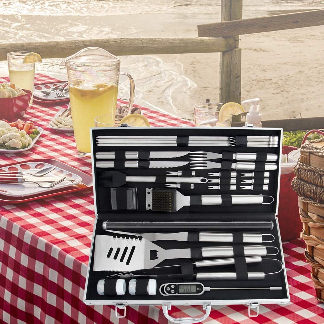 ROMANTICIST 28PCS BBQ Accessories Set with Thermometer - The Very Best Grill Gift on Christmas - Heavy Duty Stainless Steel Grill Set in Case for Outdoor Cooking