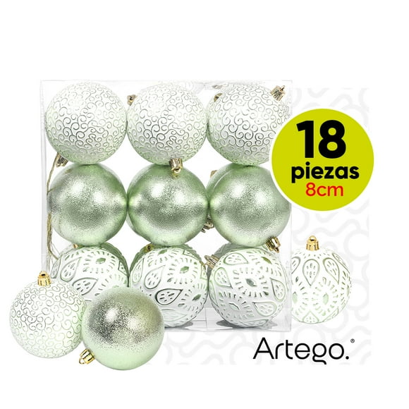 Esferas para árbol de navidad Artego de 8 cm de diámetro paq 18 esferas Verde claro *Línea Detail Con: 2 estilos emboss y un cromado, para colgar Christmas ornaments