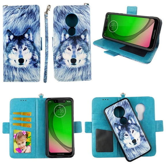 Snow Wolf Case for Moto G7 Play Revvlry Case, Motorola G7 Optimo Magnetic Detachable Pu Leather Wallet Cover Flap Closure Cases Card Holders Wrist Strap 2 in 1 Folio Flip Covers