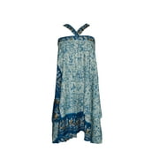 Mogul Womens Wrap skirt Blue Printed Two Layer Reversible Long Silk Sari Sarong Dress