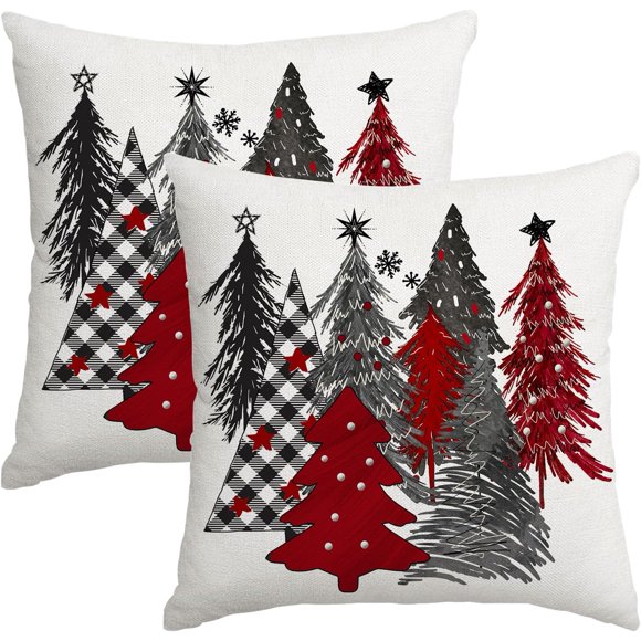 linely Christmas Pillow Covers 22"x22"" Inch Set of 2 Christmas Tree Red Decorative Pillow Covers Winter Holiday Cushion Cases Decor for Home Couch Sofa