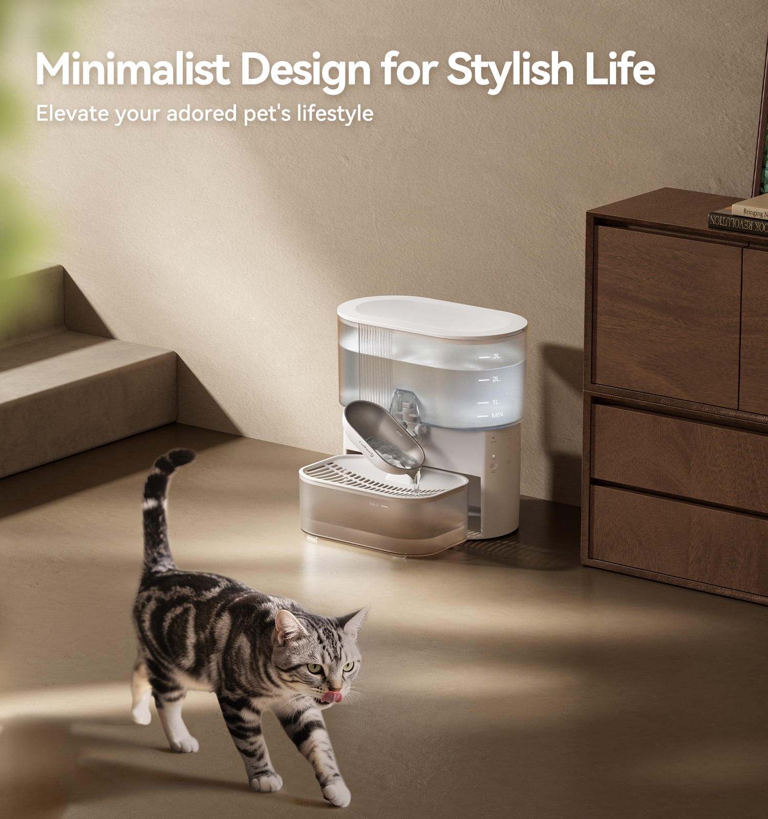 FeelNeedy Smart Pet Water Fountain No Filter Needed, 3.5L/118oz Wireless Cat Water Fountain with Stainless Steel Bowl,Rechargeable Automatic Water Dispenser for Cats and Kitten, White