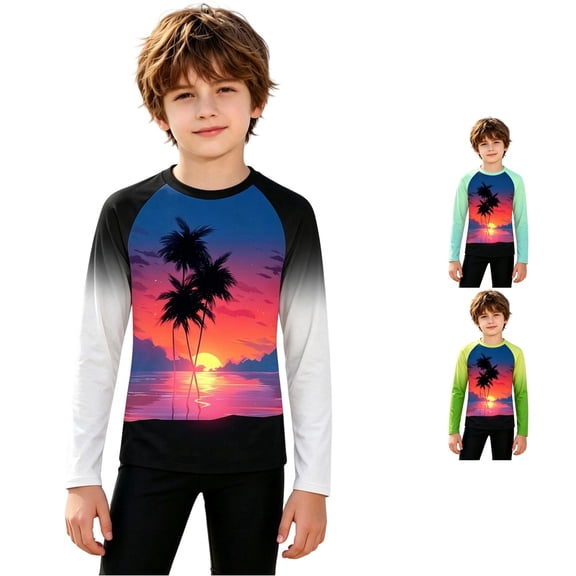 Big Girls Summer Cute Tops Bright and Gradient Long Sleeve Swim Rash Guard Sun Print Top Size 11-12T , Clear