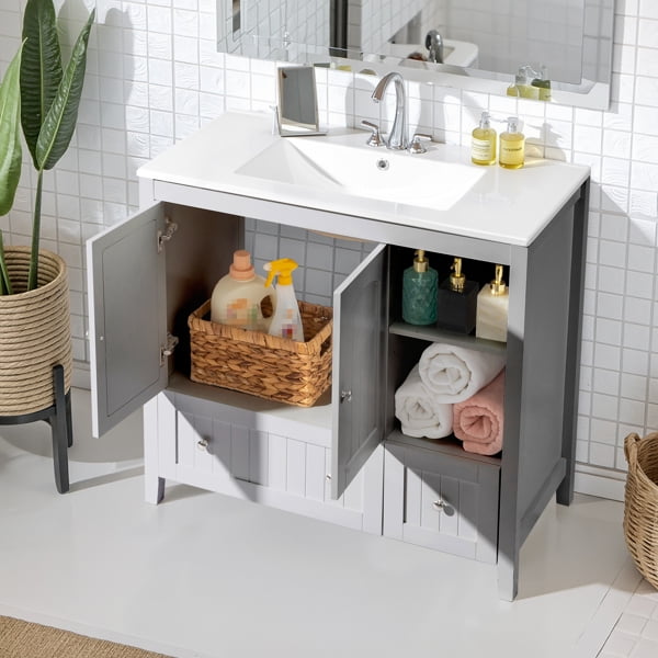 Modern Gray MDF Double Door Double Drawer Bathroom Vanity Cabinet with Decorative Strips, Without a Basin, 36"W x 18"D x 32"H for Bathroom Storage