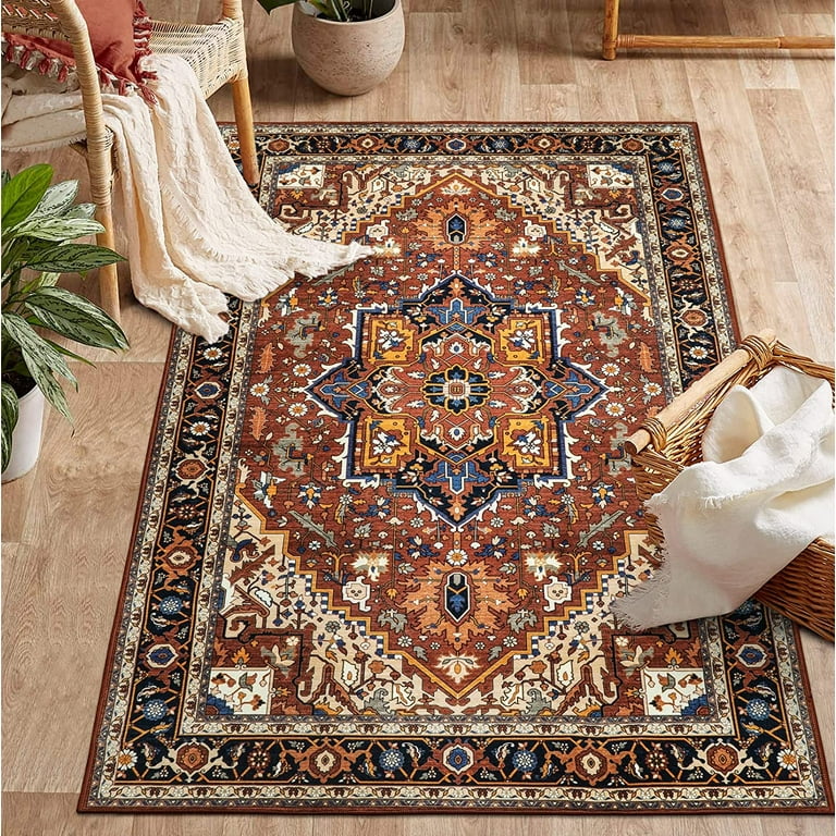 Blarity Area Rug, 4x6 ft Low-Pile Machine Washable Vintage Rugs for Living Room, Non-Slip Backing Non-Shedding Indoor Floor Rugs Carpet for Bedroom Kitchen
