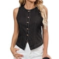 thumbnail image 3 of Chaleco Vaquero Elástico Sin Mangas para Mujer, con Botones y Cuello Redondo, Informal, Estilo Western para Verano. Negro y Gris L, 3 of 9