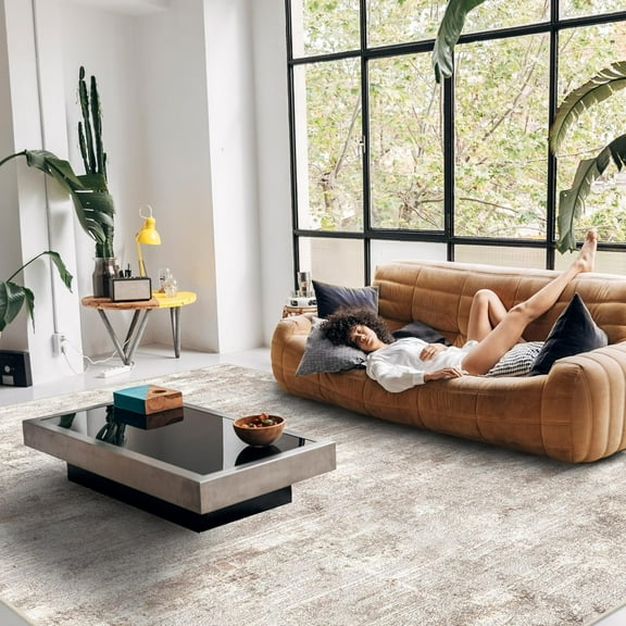 RUUGME 9X12 Abstract Area Rug:Large Washable Living Room Rug Indoor Non Slip Low Pile Carpet for Bedroom Soft Foldable Stain Resistant Distressed Thin Rug for Dining Room Kitchen 9X12 Brown