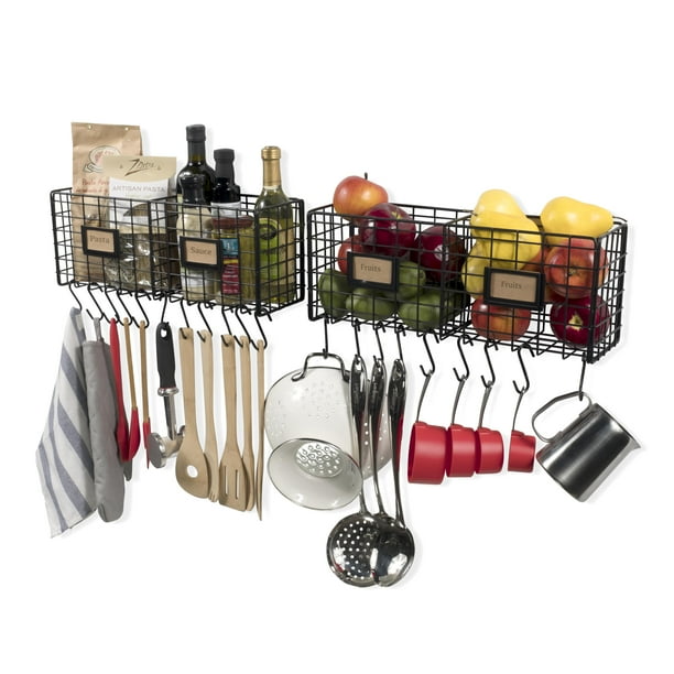 Wall35 Amalfi Wall Mount Wire Kitchen Baskets Hanging Fruit Basket Organizer With 20 S Hooks Storage Bin Black Set Of 2 Walmart Com Walmart Com