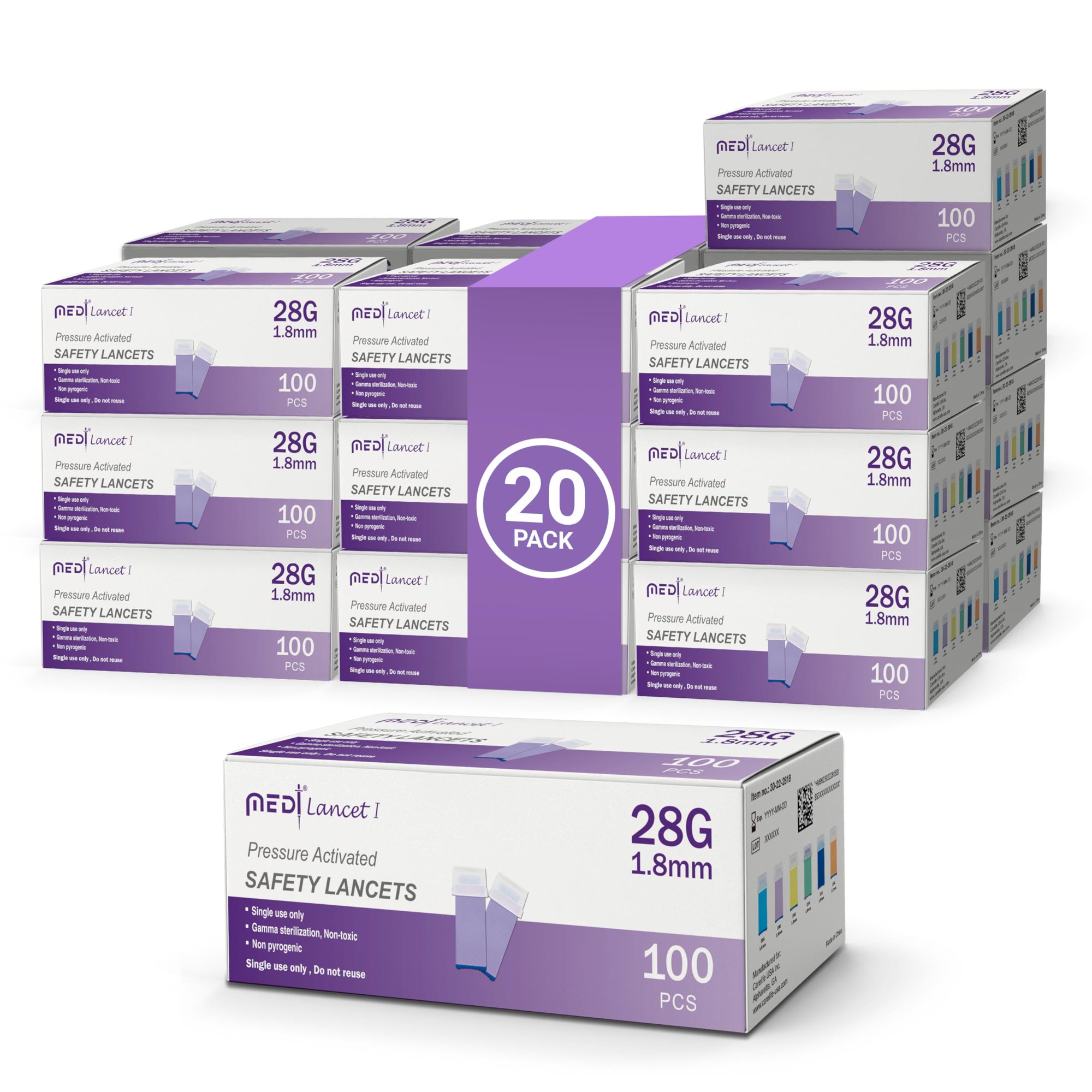 Medt Safety Lancets 28G 1.8mm - 20 Boxes of 100 Ct Bulk