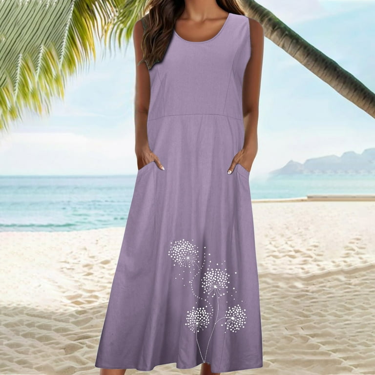 Chgbmok Womens Sleeveless Maxi Dress Plus Size Flowy Summer Dresses Print Bohemian Dress for Beach with Pockets