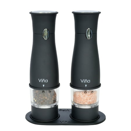 - Vina Electronic Salt and Pepper Grinder Set, Battery Powered, LED Light, Plastic Body Automatic Salt Pepper Mill with Matching Stand, Pack of 2, Black