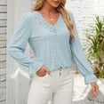 thumbnail image 7 of Womens Trendy Eyelet Tops with Lace Detailing Ruffled Long Sleeve V Neck Dressy Casual Blouses Shirt (XL, Blue), 7 of 7