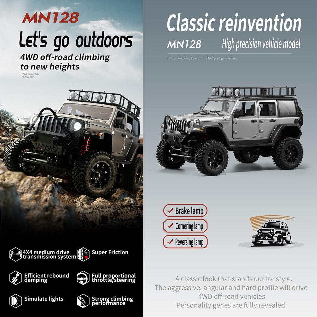 MN-128 1/12 Scale 4WD RC Rock Crawler, 2.4GHz Remote Control Off-Road Car Truck with LED Lights, All Terrain Hobby Grade Electric Vehicle for Teens and Adults