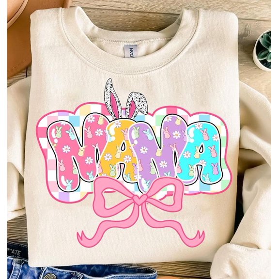 Easter Mama Bunny Coquette Sweater, Checkered Pastel Varsity Glitter Bow Preppy Easter Sweatshirt