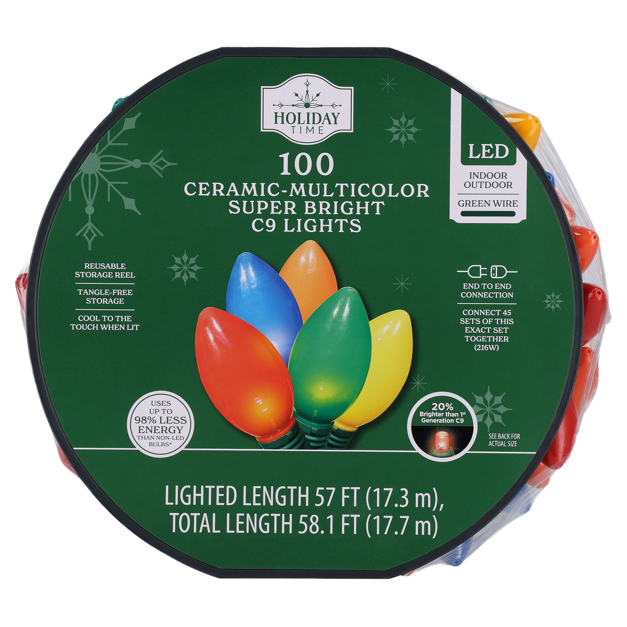 Indoor/Outdoor 100-Count LED Smooth C9 Christmas String Lights, Ceramic Multicolor, Green Wire, 57', by Holiday Time