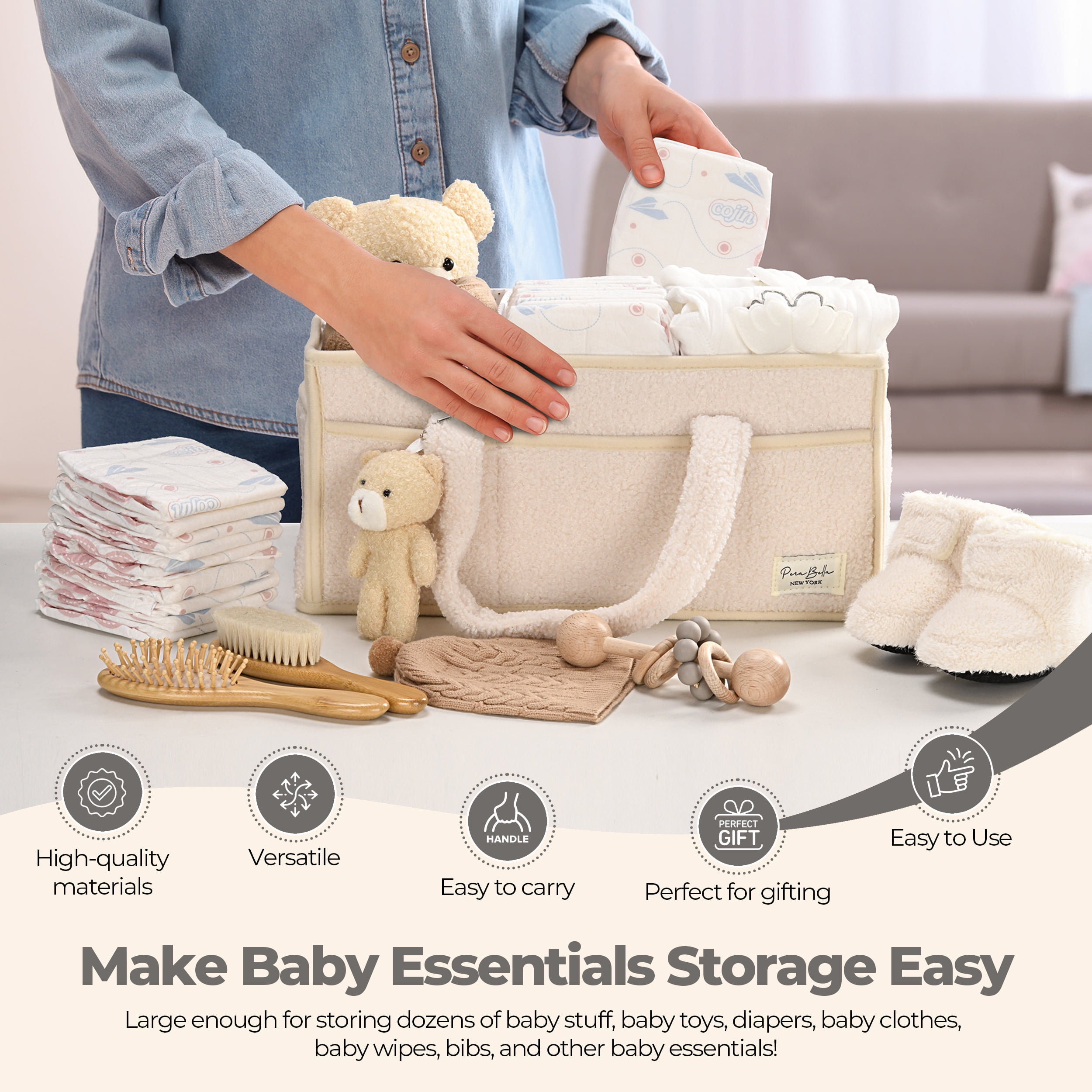 Plush Sherpa Baby Diaper Caddy Organizer, Portable Nursery Storage Basket with Teddy Bear Charm, Multi‑Compartment Changing Table Organizer for Newborn Essentials, Unisex Baby Shower Gift