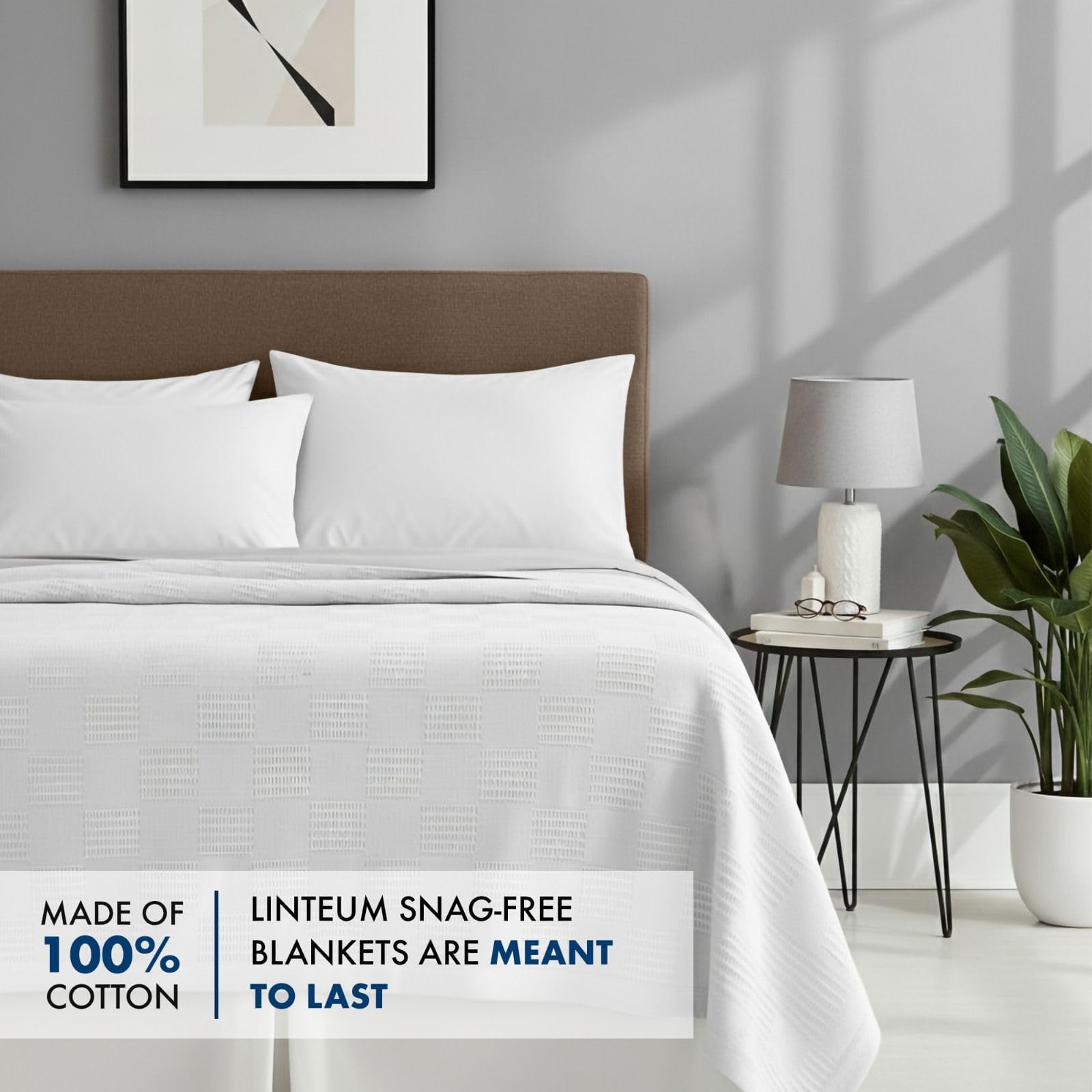 Linteum Textile Supply 100% Cotton Thermal Snag-Free Blanket (White, Queen) 90x90 in